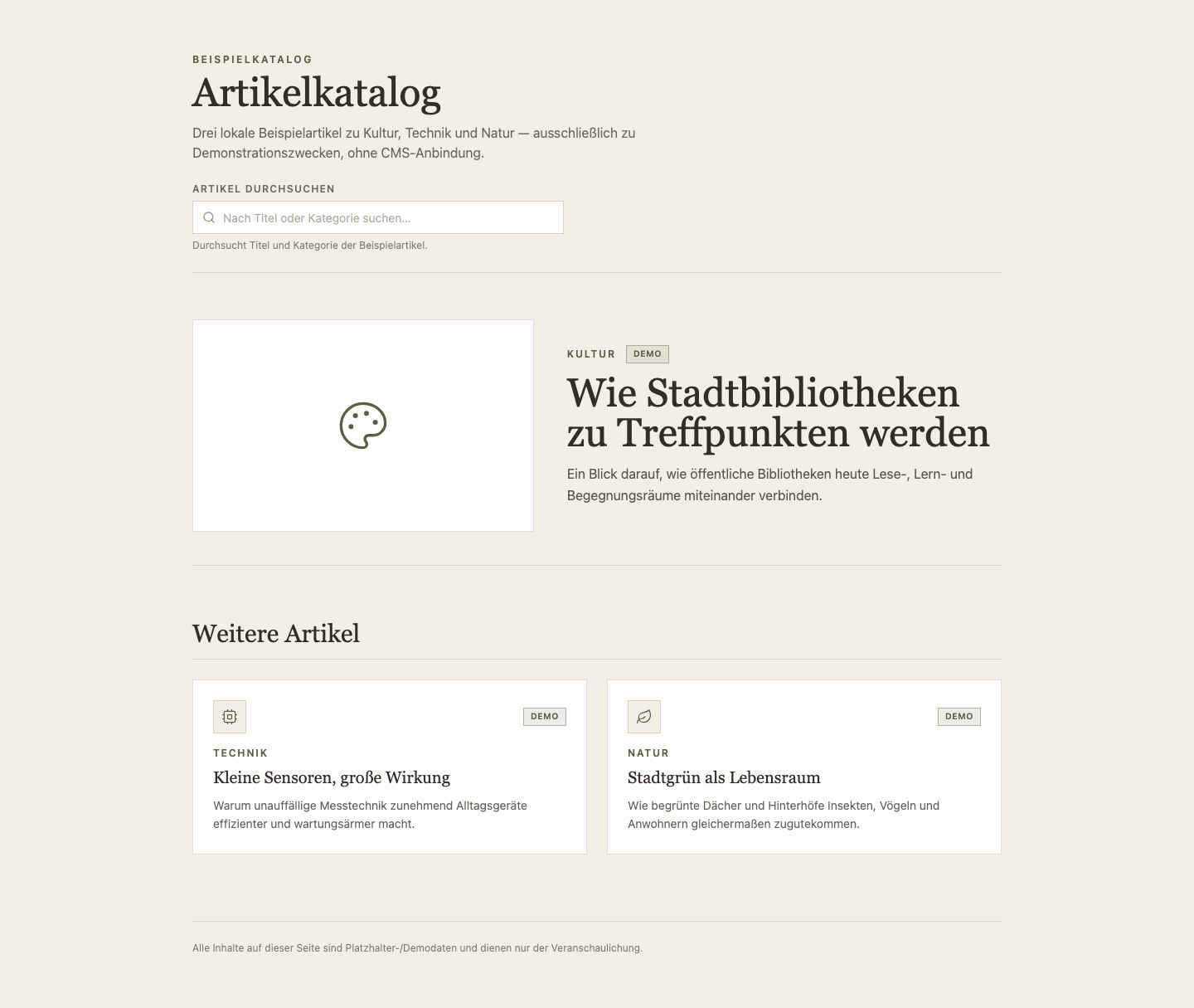 Actual generated editorial-style article catalog with search and three demo articles